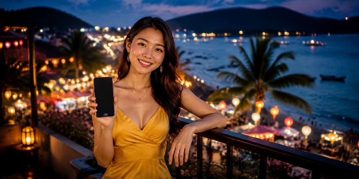 Người dùng đăng nhập tài khoản 805 trên điện thoại tại chợ đêm Phú Quốc