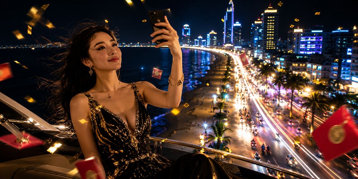 Phong bì đỏ may mắn phát sáng neon tại Quy Nhơn biểu tượng cho tiền thưởng cá cược trực tuyến